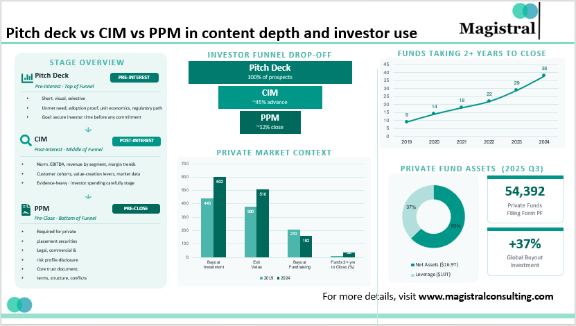Pitch deck vs CIM vs PPM in content depth and investor use